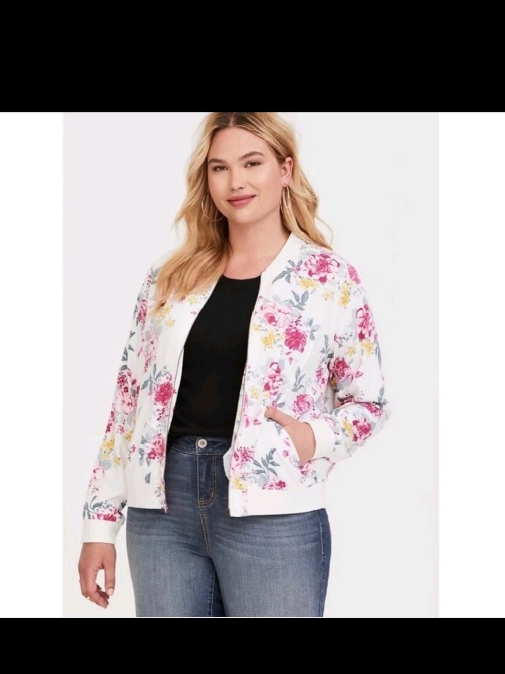 torrid White Floral Bomber Jacket with Pink and Yellow Blooms